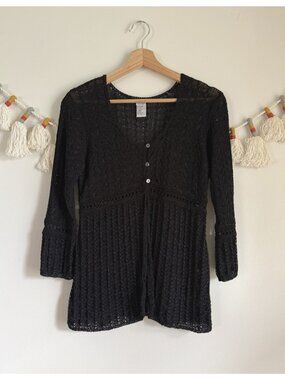 Mimi Maternity Pointelle Crochet Open Knit Babydoll Cardigan Grandmacore Cottage